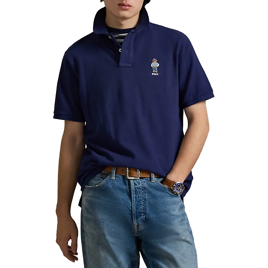 CLASSIC FIT POLO BEAR MESH KNIT SHIRT FRESHWATER DENIM