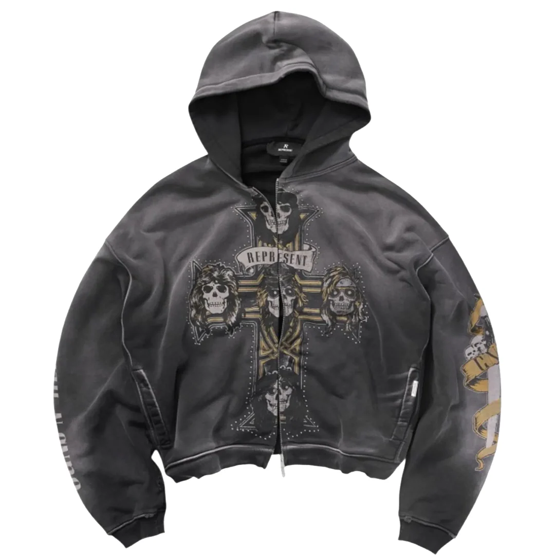 GUNS N' ROSES CROSS ZIP THROUGH HOODIE STAINED BLACK