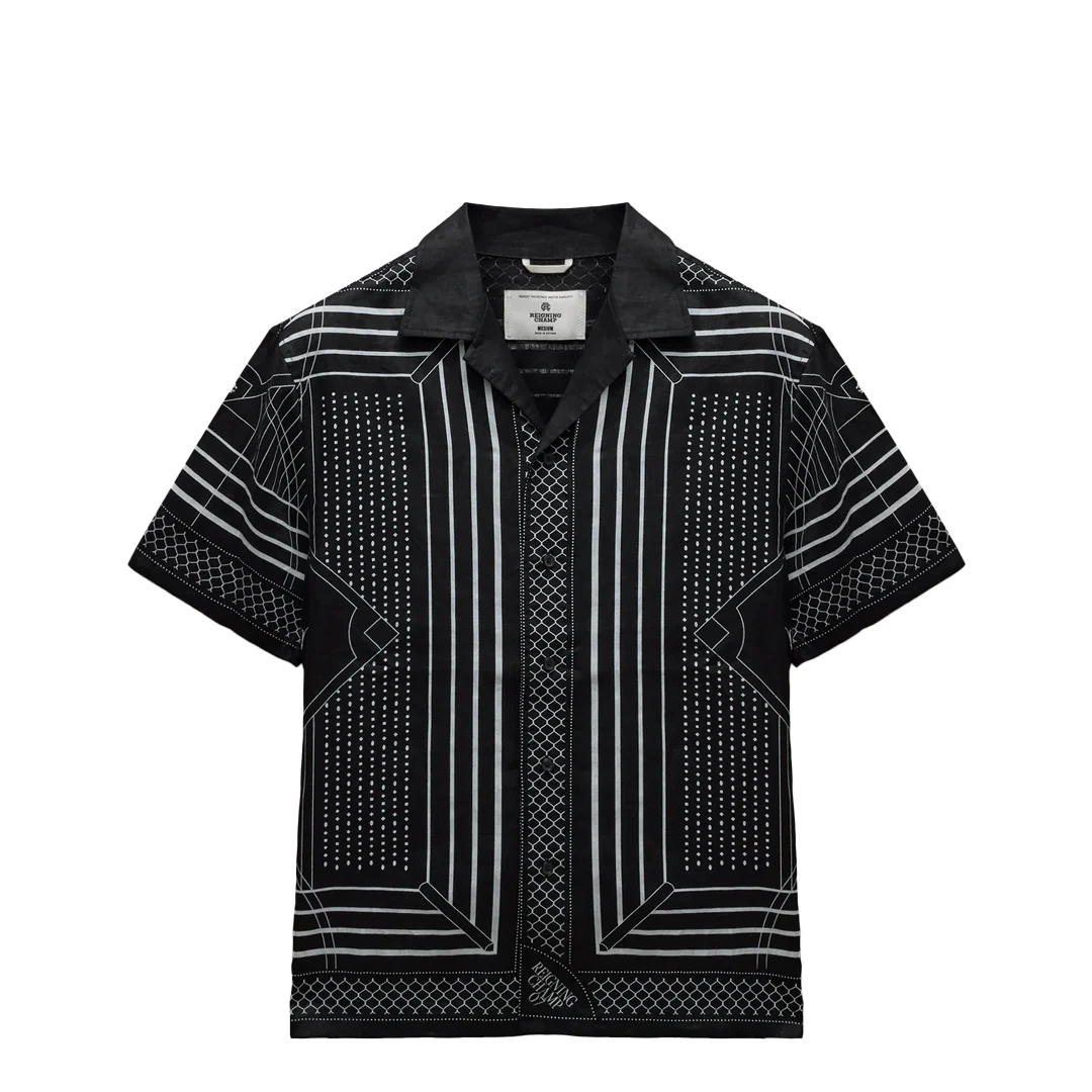 LINEN ARENA RELAXED CAMP SHIRT BLACK/WHITE