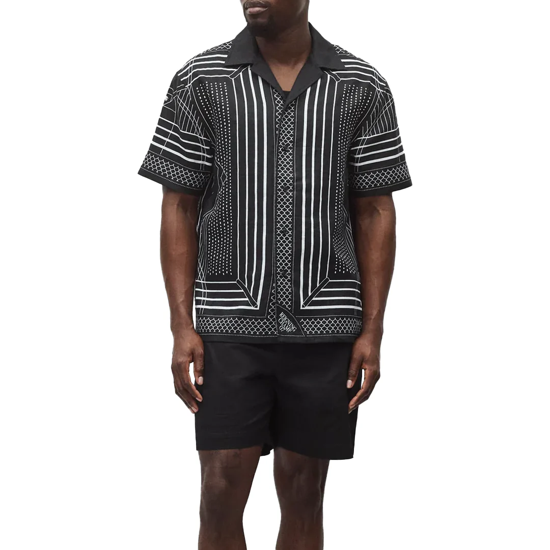 LINEN ARENA RELAXED CAMP SHIRT BLACK/WHITE - Image 3