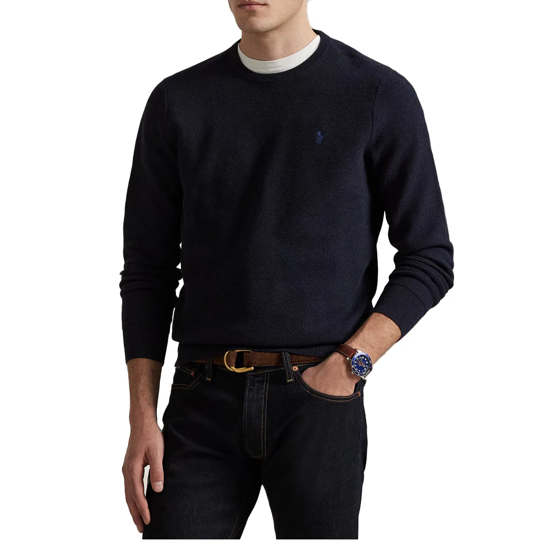 MESH-KNIT COTTON CREWNECK SWEATER NAVY - Image 2